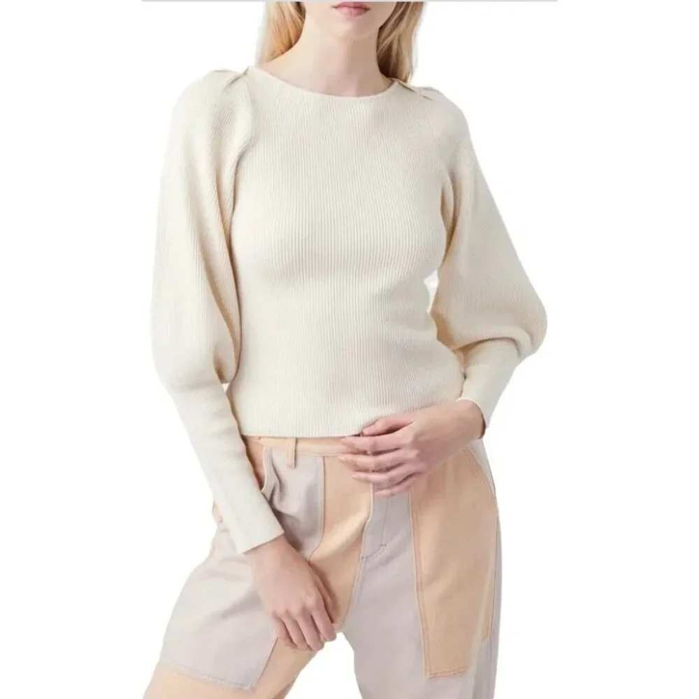 French Connection Joss Cream Ribbed Puff Sleeve Sweater L NWT Minimalist Classic